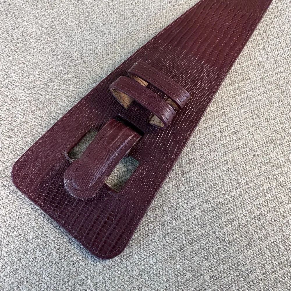 Vintage 80s Ginnie Johansen Wide Leather Croc Belt Burgundy Statement Sz Sm 526